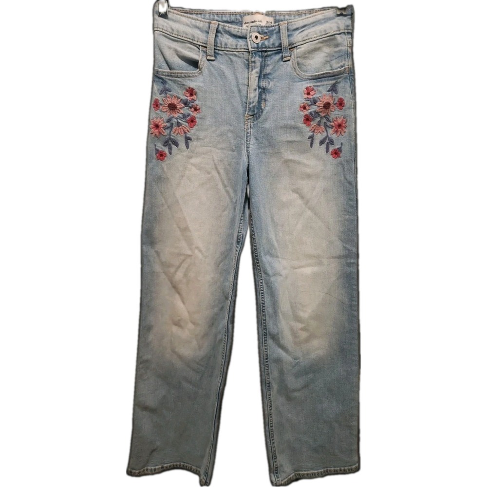 Abercrombie Kids High Rise Wide Leg Floral Embroidered Light Wash Jeans Sz 13/14